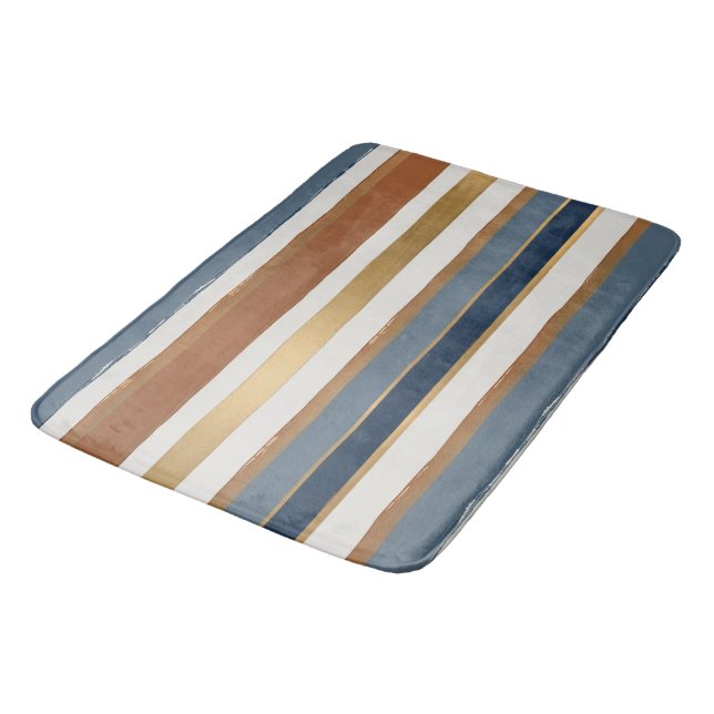 Alfombrilla De Baño White blue gold and copper horizontal stripes (Angular)