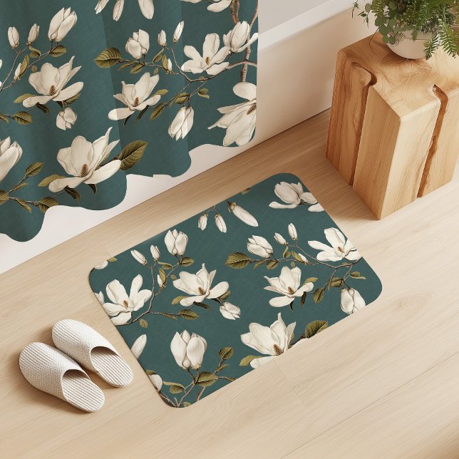 Alfombrilla De Baño White Magnolia Grove on Viridian Elegant Floral  (Subido por el creador)