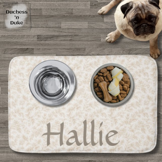 Alfombrilla De Baño Wildflower Botanical Print Absorbent Pet Mat (Dog Placemat with food and water bowls personalized with name and ivory botanical design)