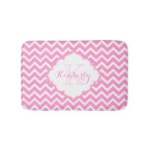 Alfombrilla De Baño Zigzag Chevron Blanco Y Rosa Monogramado