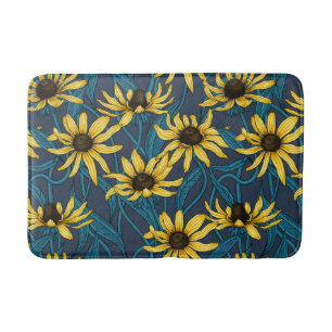 Alfombrilla De Baño Zinnias amarillas en azul oscuro