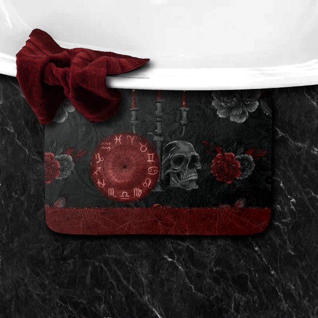 Alfombrilla De Baño Zodiac Magic Crimson | Rosa Henna Red Gothic Skull (Subido por el creador)
