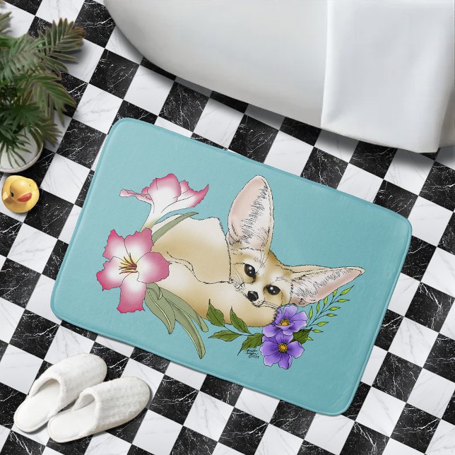 Alfombrilla De Baño Zorro Fennec Flores Rosadas Botánico Azul Lindo (Subido por el creador)