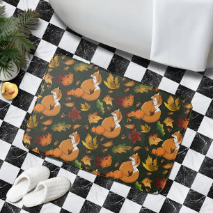 Alfombrilla De Baño Zorro Rojo Hojas de Otoño Bellotas Patrón Verde