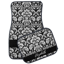 Alfombrilla De Coche Elegante damasco negro y blanco monogramado