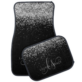 Alfombrilla De Coche Glam Black Silver Purpurina Glam Monograma Nombre