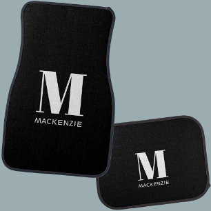 Alfombrilla De Coche Monograma Nombre inicial simple Blanco y negro
