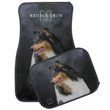 Retrato de Perro Tricolor Rough Collie en negro -