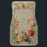 Alfombrilla De Coche Rosas románticos esculpidos<br><div class="desc">Capas de hermosos rosas esculpidos en tonos pastel de rosa, amarillo y melocotón dentro de un marco rústico vintage adornado dimensional sobre un fondo adamascado crudo. Nota: Efectos esculpidos, grabados, grabado en relieve y dimensionales, de aspecto estratificado, envejecido o erosionado, texturas y sombras logradas digitalmente. El producto real tiene una...</div>