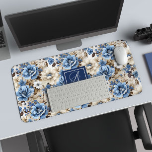 Alfombrilla de escritorio de flores blancas azules