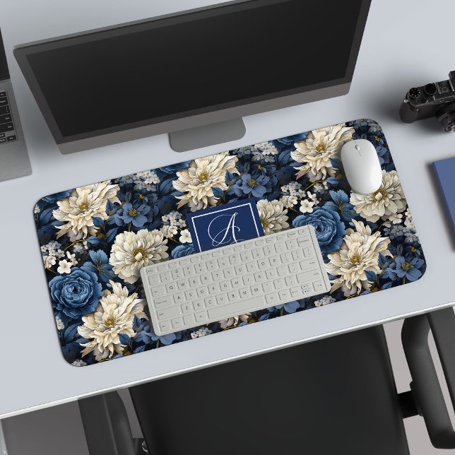 Alfombrilla de escritorio de flores blancas azules (Premium Blue White Flowers Custom Name Desk Mat)