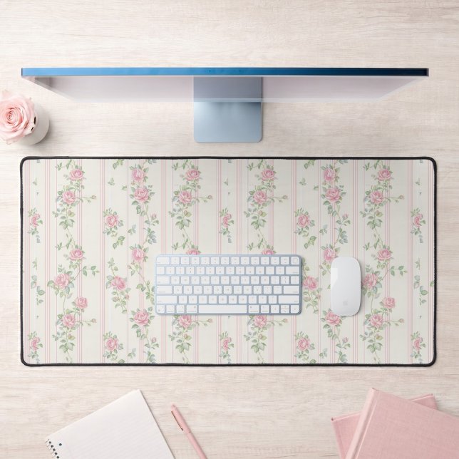 Alfombrilla de escritorio floral de rosa rosa (pink coquette cottagecore vintage rose floral pattern desk mat)
