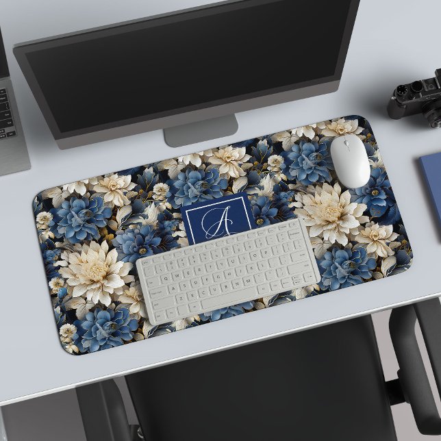 Alfombrilla de escritorio personalizada con flores (Trendy Blue Ivory Flowers Personalized Desk Mat)