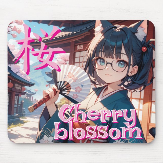 ALFOMBRILLA DE RATÓN 桜と猫耳の少女と扇子 (Frente)