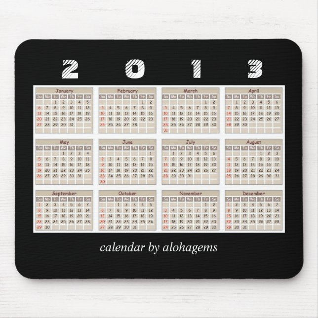 Alfombrilla De Ratón 2013 calendario simple y aseado Mousepad (Frente)