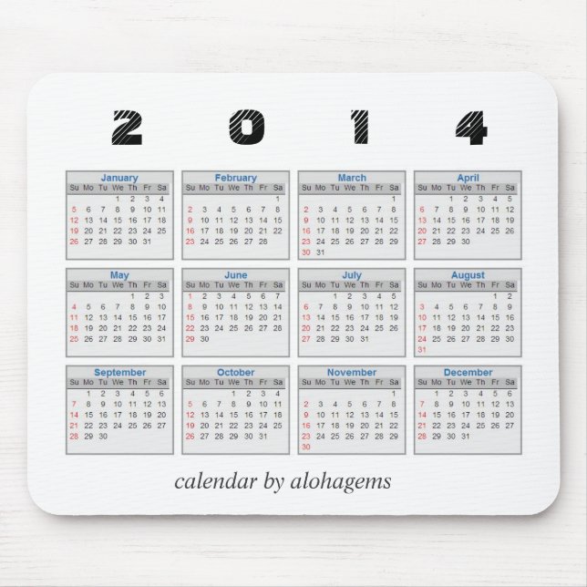 Alfombrilla De Ratón 2014 calendario Mousepad (Frente)