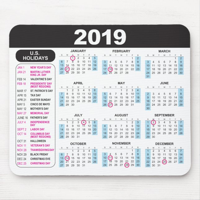 Alfombrilla De Ratón 2019 calendario Mousepad con días de fiesta de los (Frente)