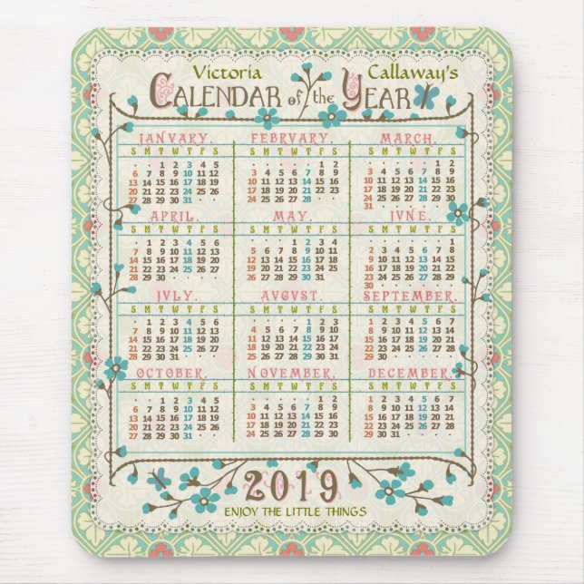 Alfombrilla De Ratón 2019 Year Calendar Victorian Art Nouveau | Custom (Frente)