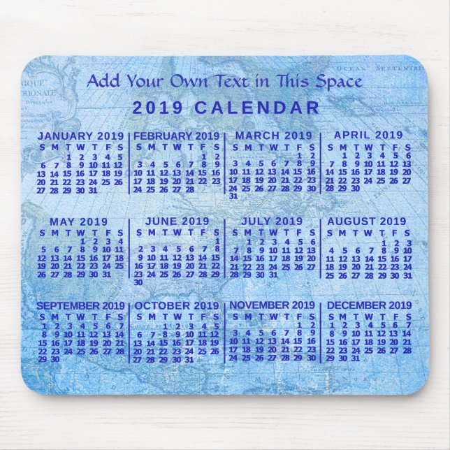 Alfombrilla De Ratón 2019 Year Monthly Calendar Custom Blue Antique Map (Frente)