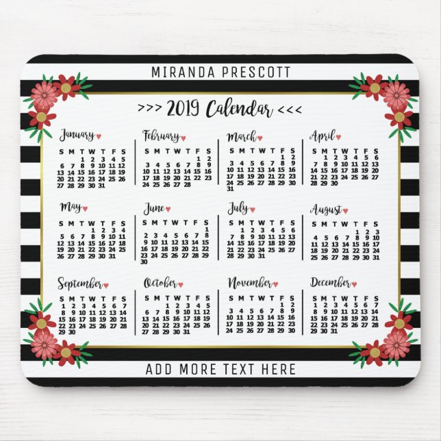 Alfombrilla De Ratón 2019 Year Monthly Calendar | Preppy Floral Stripes (Frente)