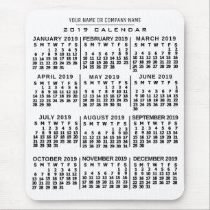Alfombrilla De Ratón 2019 Year Monthly Calendar White Black Custom Name