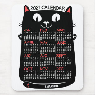 Alfombrilla De Ratón 2021 Año Calendario mensual Gato negro de mediados