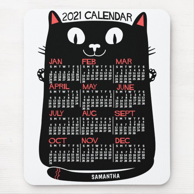 Alfombrilla De Ratón 2021 Año Calendario mensual Gato negro de mediados (Frente)