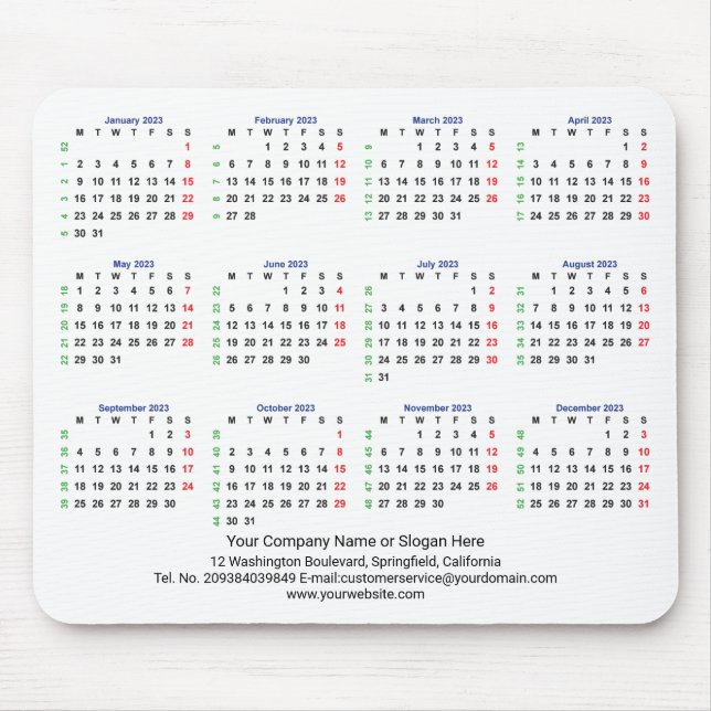 Alfombrilla De Ratón 2023 Calendar MONDAY START - ISO Week Mouse Pad (Frente)