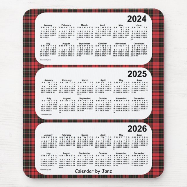Alfombrilla De Ratón 2024-2026: Calendario de 3 años rojo, de Janz (Frente)