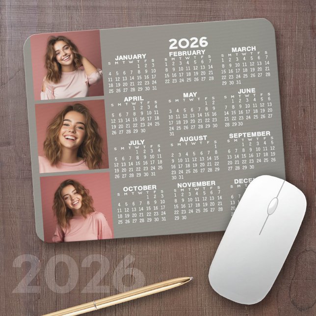 Alfombrilla De Ratón 2024 Calendar with 3 Photo Collage - taupe (2026 Calendar with a Photo Collage on a Mousepad)