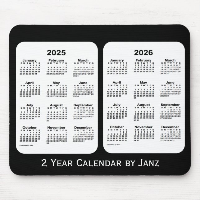 Alfombrilla De Ratón 2025-2026 Calendario de 2 años en blanco y negro d (Frente)