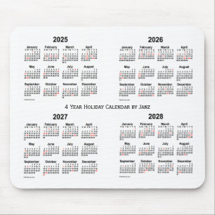 Alfombrilla De Ratón 2025-2028 calendario blanco del día de fiesta por