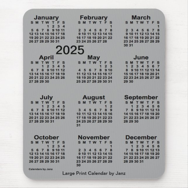 Alfombrilla De Ratón 2025 Calendario de impresión grande de grisáceo pa (Frente)