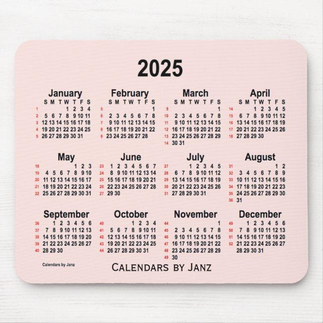 Alfombrilla De Ratón 2025 Misty Rosa 52 Weeks Calendario de Janz (Frente)