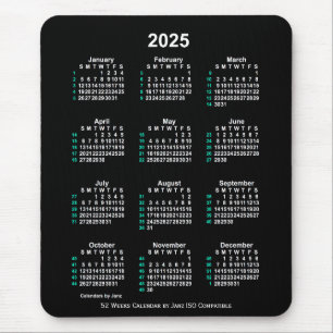 Alfombrilla De Ratón 2025 Neon White Calendario ISO de 52 semanas de Ja
