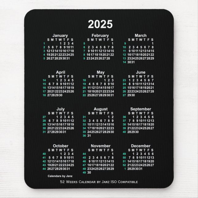 Alfombrilla De Ratón 2025 Neon White Calendario ISO de 52 semanas de Ja (Frente)