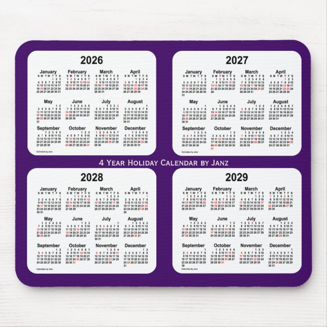 Alfombrilla De Ratón 2026-2029 Purple Holiday Calendar by Janz (Frente)