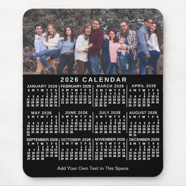 Alfombrilla De Ratón 2026 Calendar Black Personalized Photo Name Bold (Frente)