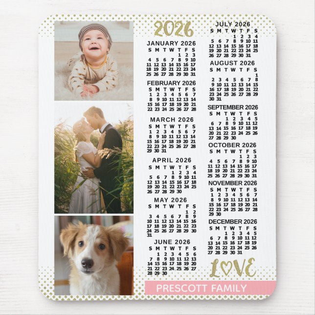 Alfombrilla De Ratón 2026 Calendar Blush Pink Gold Family Photo Collage (Frente)