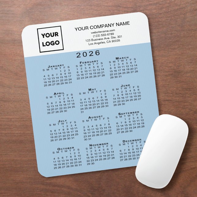 Alfombrilla De Ratón 2026 Calendar Business Logo Text Light Blue (2026 Calendar Business Logo Text Light Blue Mouse Pad, in situ)