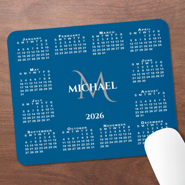 Alfombrilla De Ratón 2026 Calendar Chic Monogram Name on Blue (2026 Calendar Chic Monogram Name on Blue Mouse Pad with mouse)