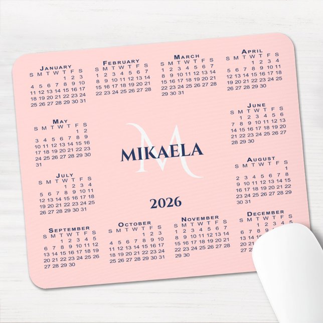 Alfombrilla De Ratón 2026 Calendar Chic Monogram Name on Coral Pink (2026 Calendar Chic Monogram Name on Coral Pink Mouse Pad with mouse)
