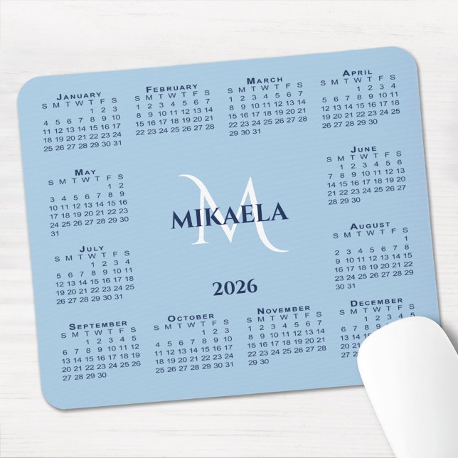 Alfombrilla De Ratón 2026 Calendar Chic Monogram Name on Light Blue (2026 Calendar Chic Monogram Name on Light Blue Mouse Pad with mouse)