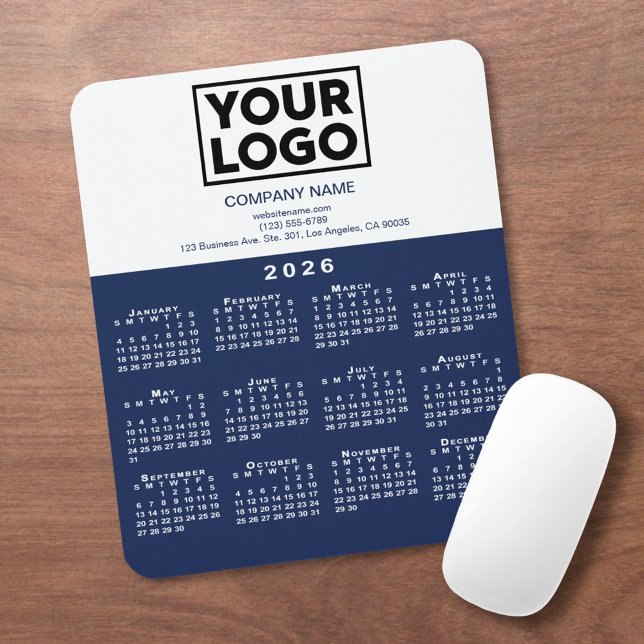 Alfombrilla De Ratón 2026 Calendar Company Logo and Text Navy White (2026 Calendar Company Logo and Text Navy White Mouse Pad, in situ)