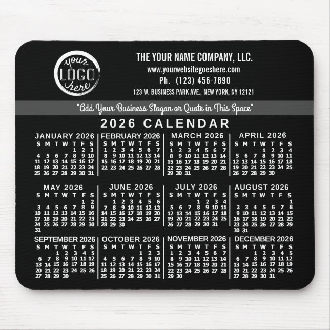 Alfombrilla De Ratón 2026 Calendar Custom Business Logo Name Easy Black (Frente)
