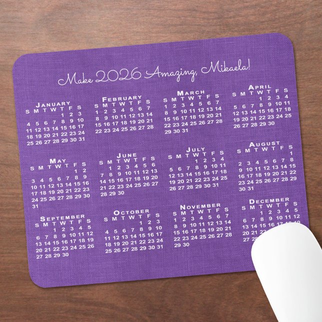 Alfombrilla De Ratón 2026 Calendar Custom Name Purple Linen Photo (2026 Calendar Custom Name Purple Linen Photo Mouse Pad, in situ)