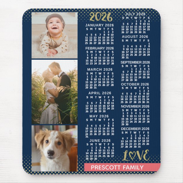 Alfombrilla De Ratón 2026 Calendar Navy Coral Gold Family Photo Collage (Frente)