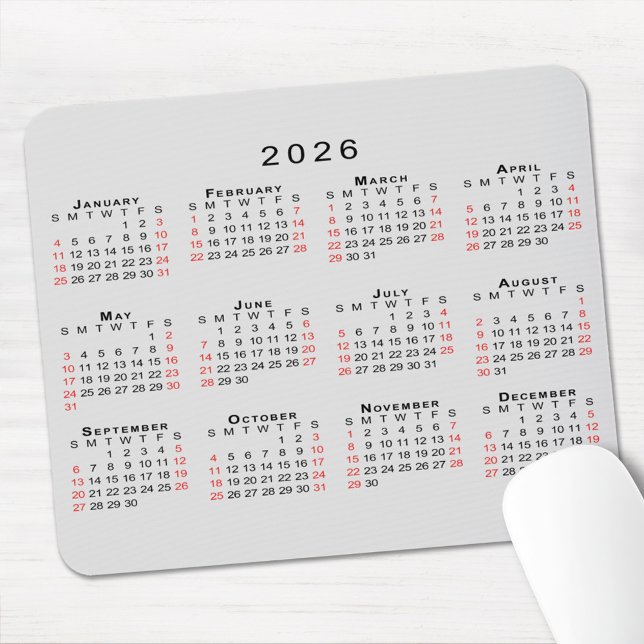 Alfombrilla De Ratón 2026 Calendar Simple Gray Black Red (2026 Calendar Simple Gray Black Red Mouse Pad, in situ)