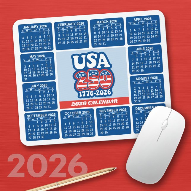 Alfombrilla De Ratón 2026 Calendar - USA 250 Red White Blue (2026 Calendar on a Mousepad)