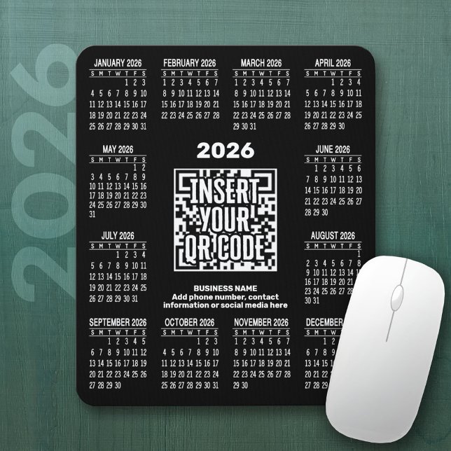 Alfombrilla De Ratón 2026 Calendar with QR Code Contact Info Black (2026 Calendar on a Mousepad)